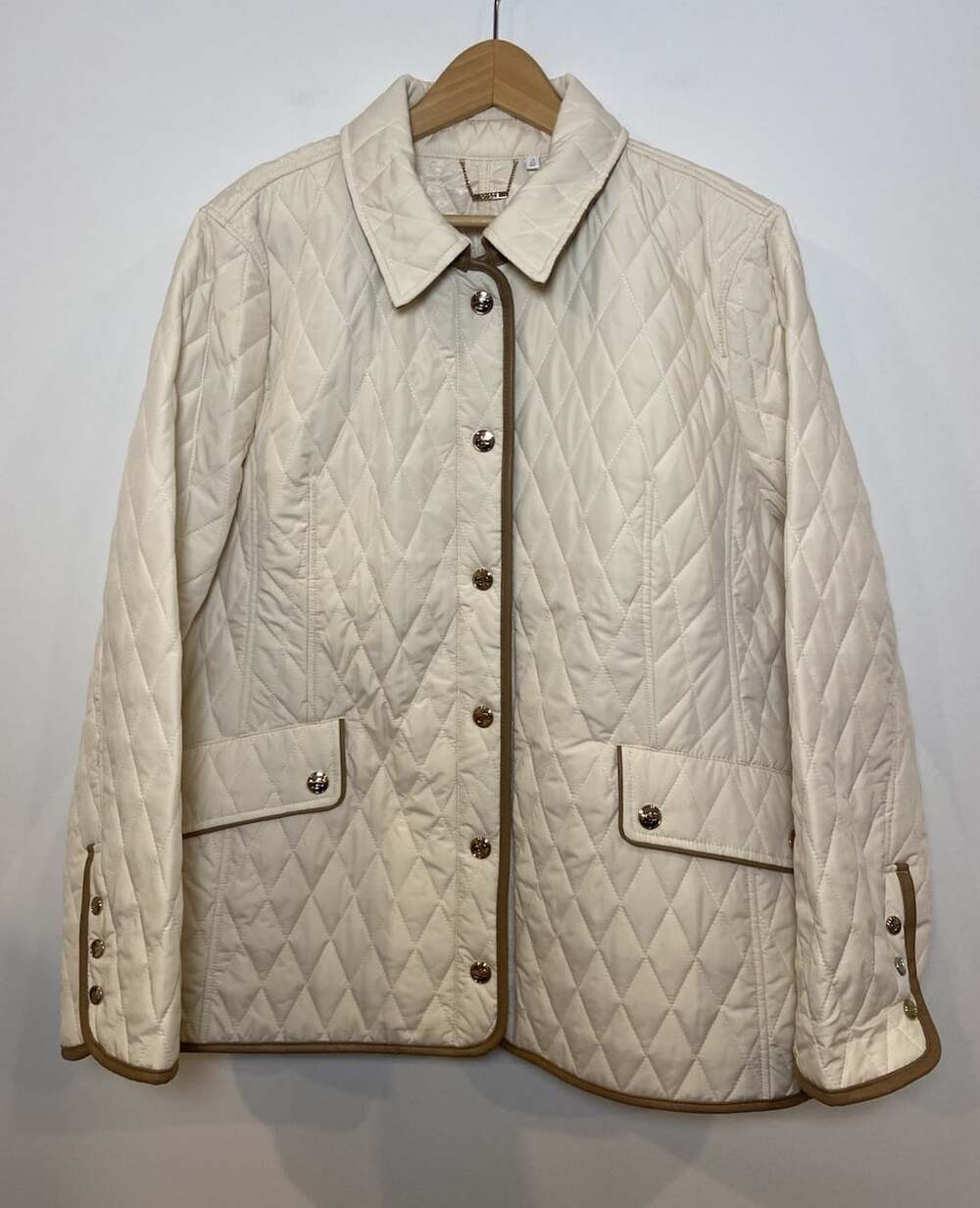 Chico's Quilted Barn Jacket Equestrian Cream Brown Faux Leather Trim Snap 4 XXL